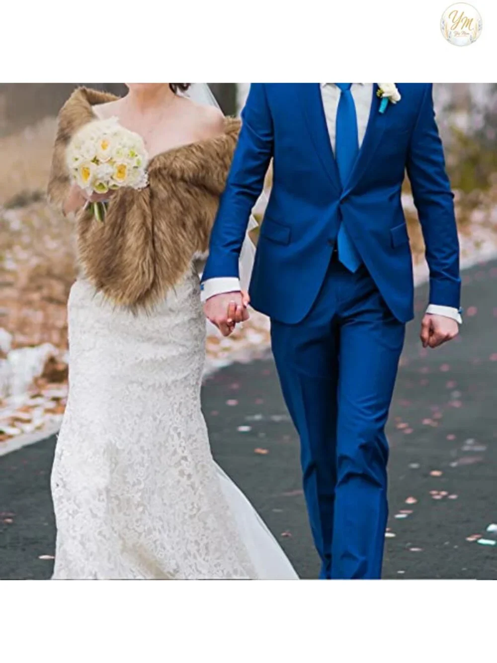 Faux Fur Shawl Wrap Stole with Pearl Rhinestone Brooches for Weddings